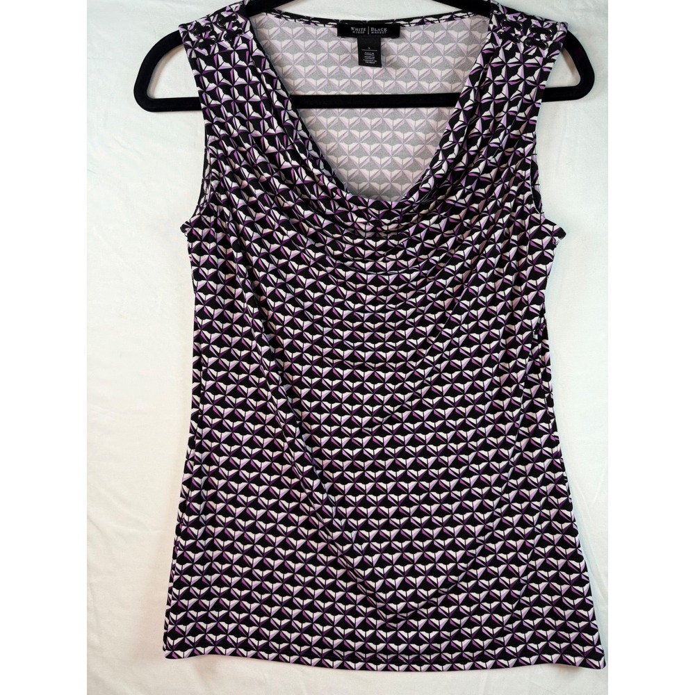 White House Black Market Cowl Neck Geometric Print Top Purple Black Size S